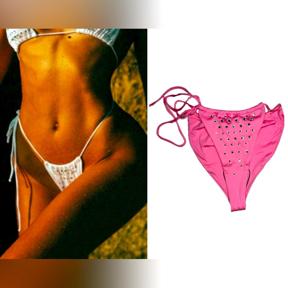 Monica Hansen Pink Panther Rhinestone Bikini Bottom Side Tie NWT M L